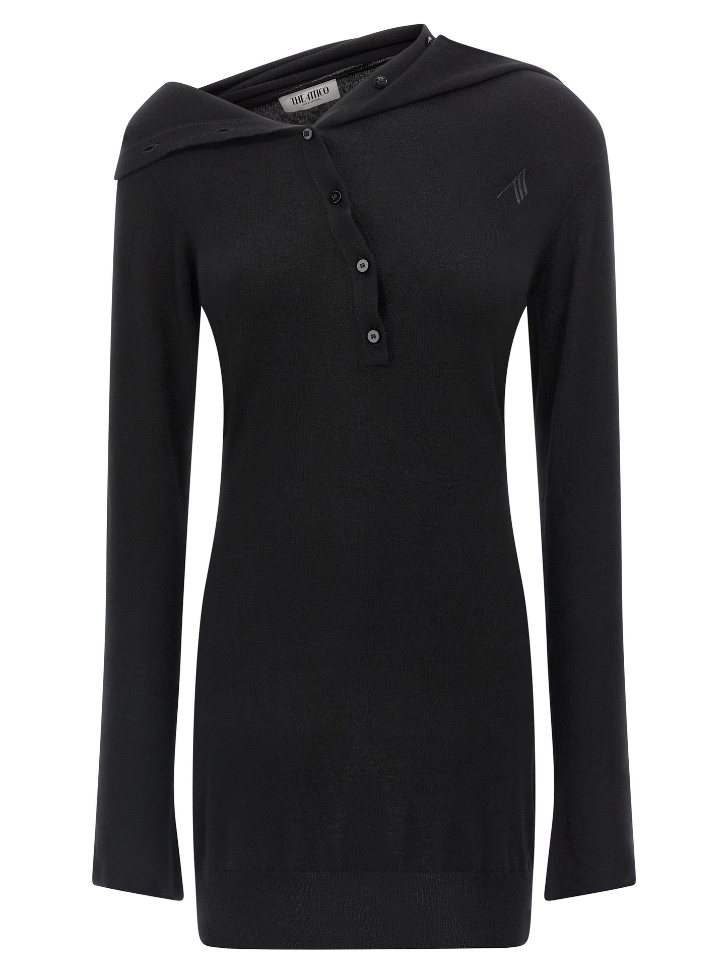 Dress by The Attico for women in cashmere virgin wool black features an sultry silhouette defined by a shawl-collar neckline and , falling to an sultry short mini for a sultry look.