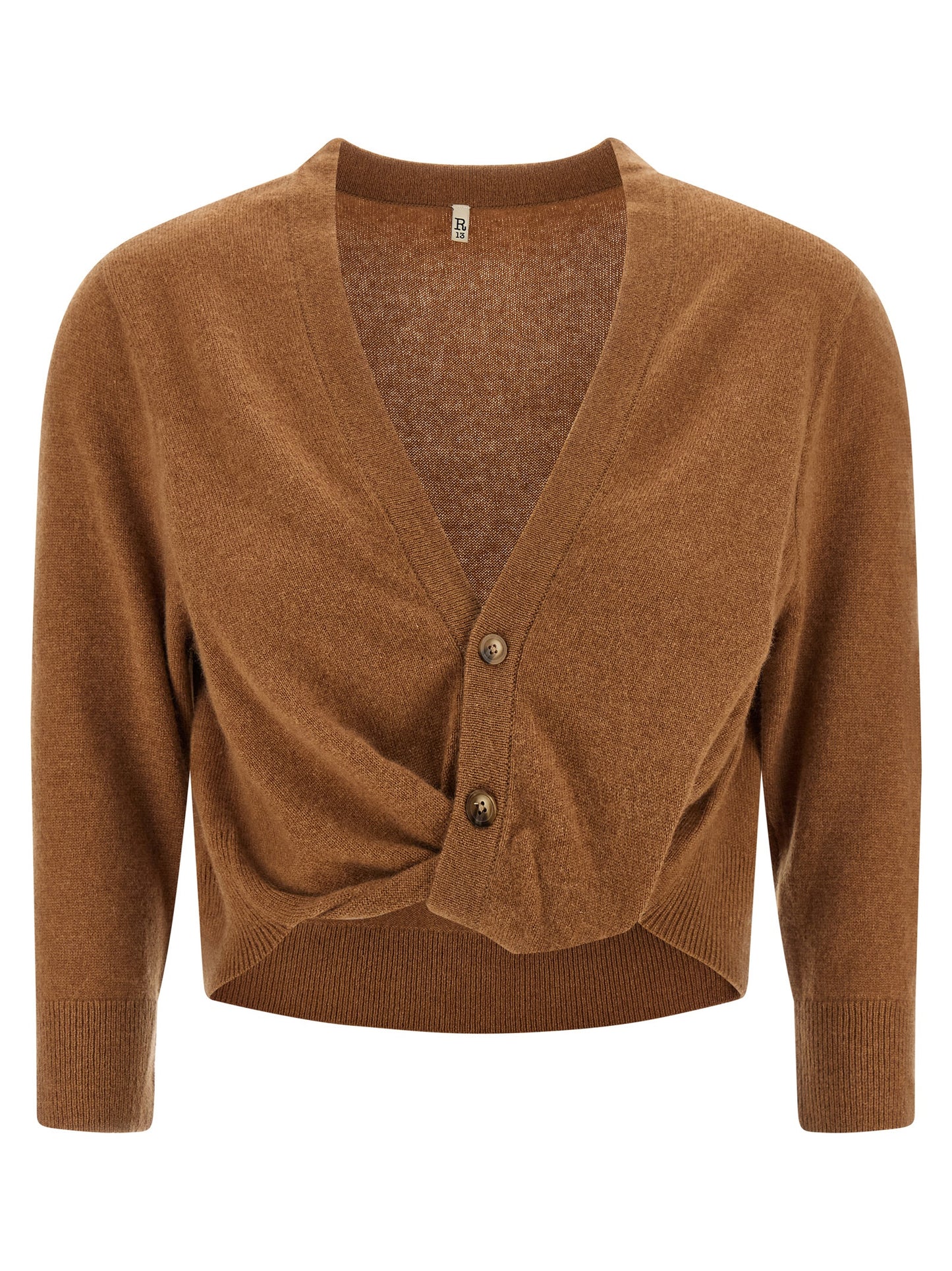 Cardigan by R13 for women in cashmere brown showcases a luxurious silhouette, meticulously detailed with a sophisticated v-neck neckline and three-quarter-sleeve for a refined finish.