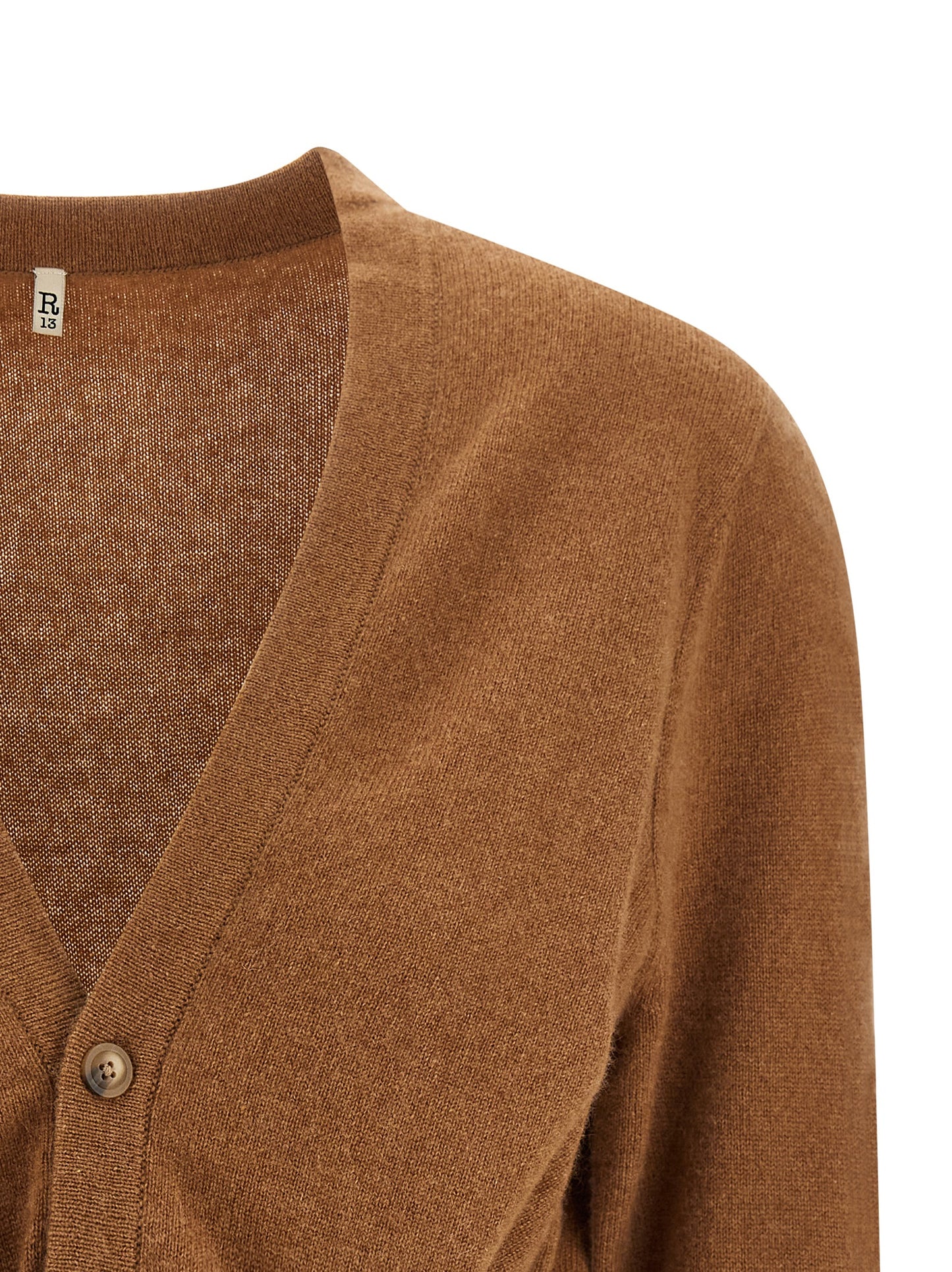 Cardigan by R13 for women in cashmere brown presents a textural silhouette, artfully finished with a textural and for a sophisticated, textural look.