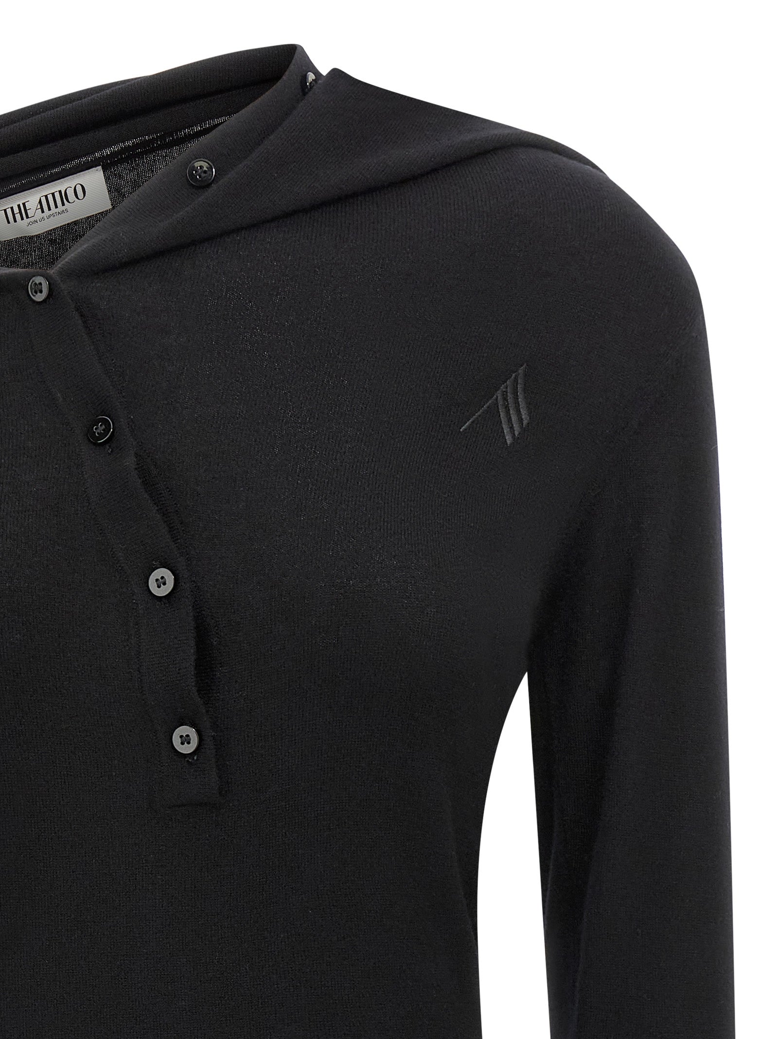 Dress by The Attico for women in cashmere virgin wool black features an eye catching silhouette with a sophisticated shawl-collar neckline, elegant , and a refined short mini for a eye catching aesthetic.