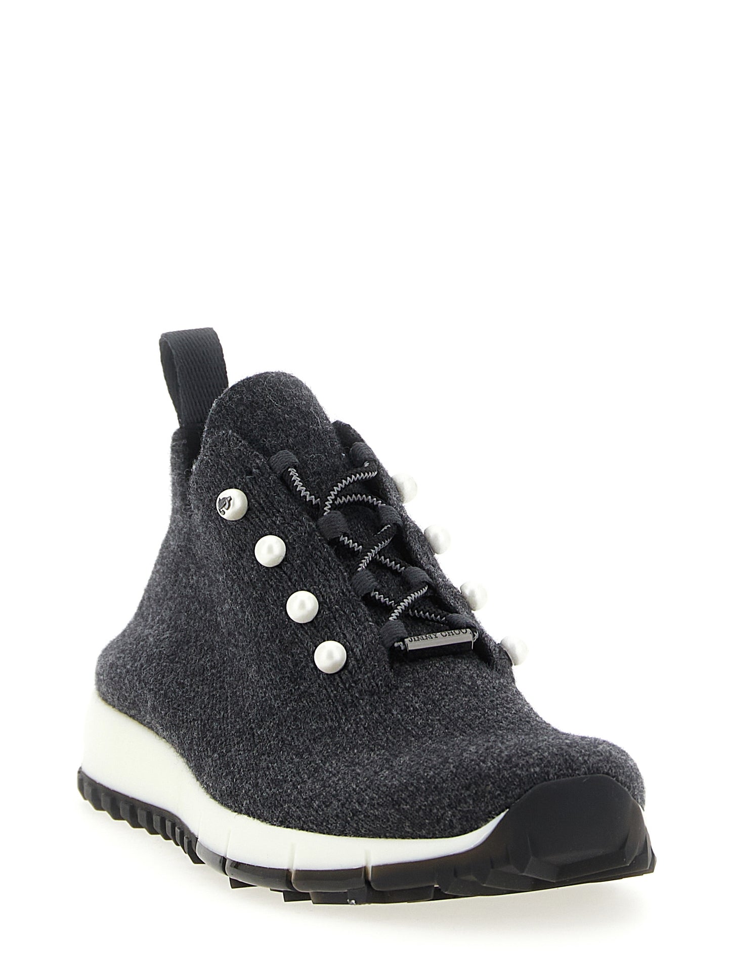 Sneakers by Jimmy Choo for women in cashmere & polyester black & pearl features an timeless silhouette from the Women's Low Top Sock Cashmere & Polyester Sneakers collection, showcasing a signature low-top sock style with an timeless finish.