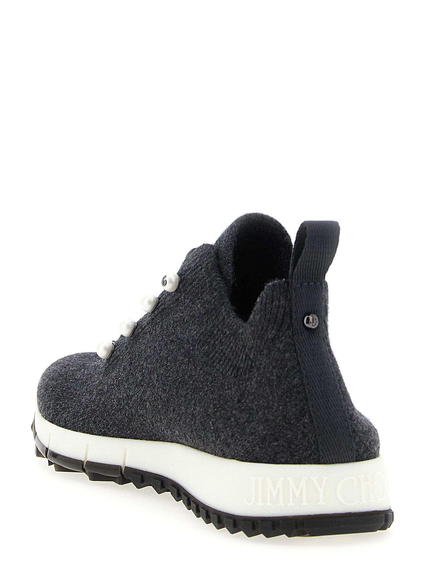 Sneakers by Jimmy Choo for women in cashmere & polyester black & pearl features an fashionable silhouette, showcasing the premium Women's Low Top Sock Cashmere & Polyester Sneakers in a fashionable low-top sock style that offers a fashionable finish for refined style.