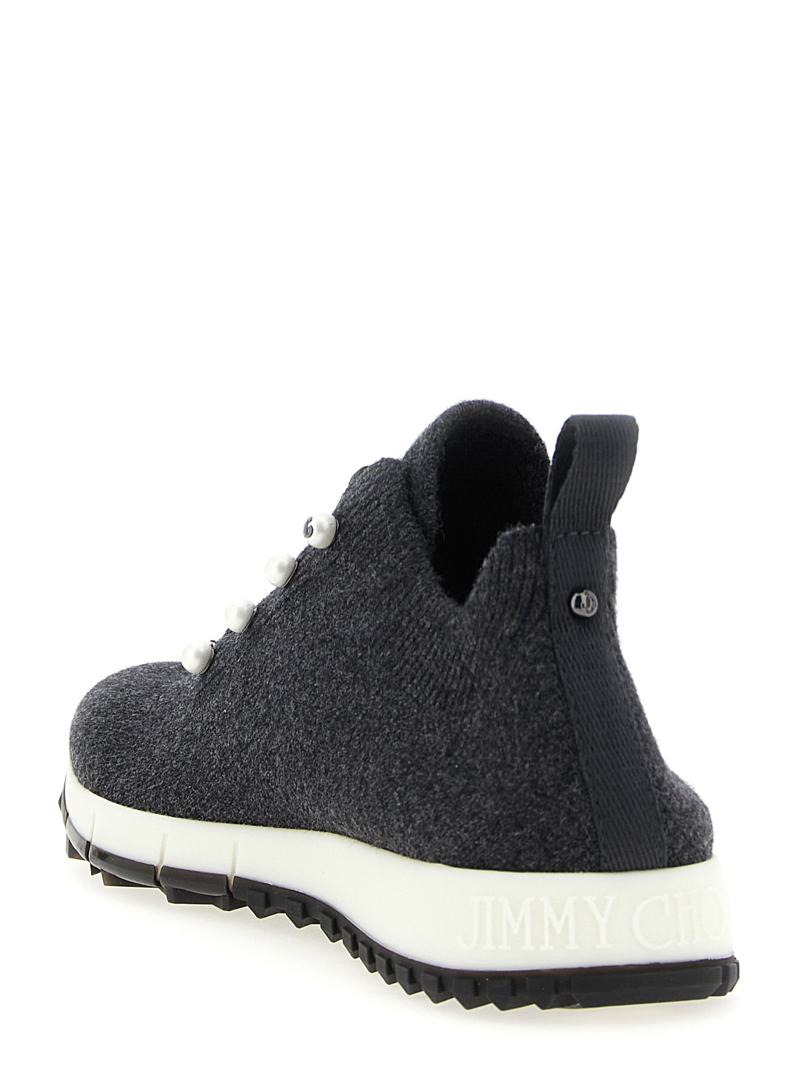 Sneakers by Jimmy Choo for women in cashmere & polyester black & pearl features an fashionable silhouette, showcasing the premium Women's Low Top Sock Cashmere & Polyester Sneakers in a fashionable low-top sock style that offers a fashionable finish for refined style.