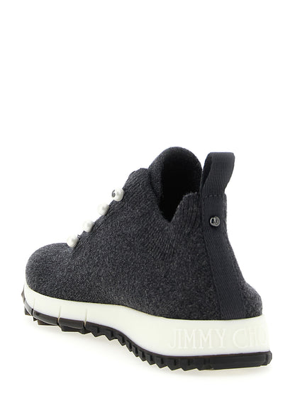 Sneakers by Jimmy Choo for women in cashmere & polyester black & pearl features an fashionable silhouette, showcasing the premium Women's Low Top Sock Cashmere & Polyester Sneakers in a fashionable low-top sock style that offers a fashionable finish for refined style.