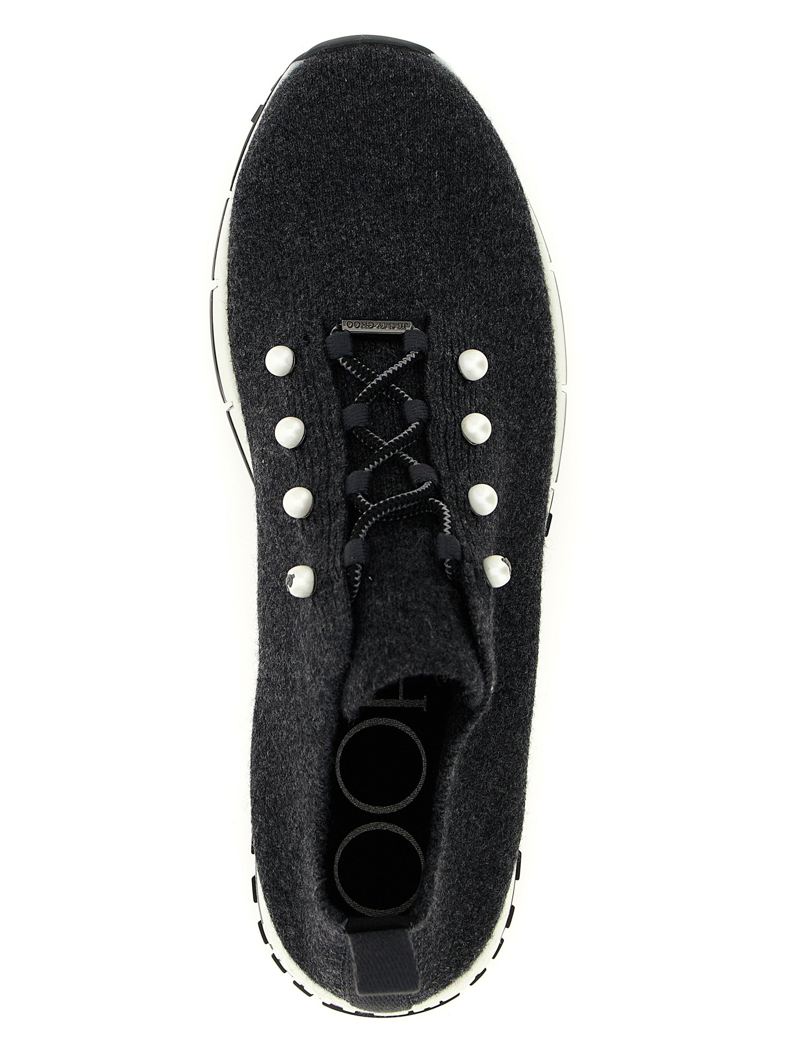 Sneakers by Jimmy Choo for women in cashmere & polyester black & pearl presents a sumptuous silhouette, artfully capturing the essence of the Women's Low Top Sock Cashmere & Polyester Sneakers with its sumptuous low-top sock style design.