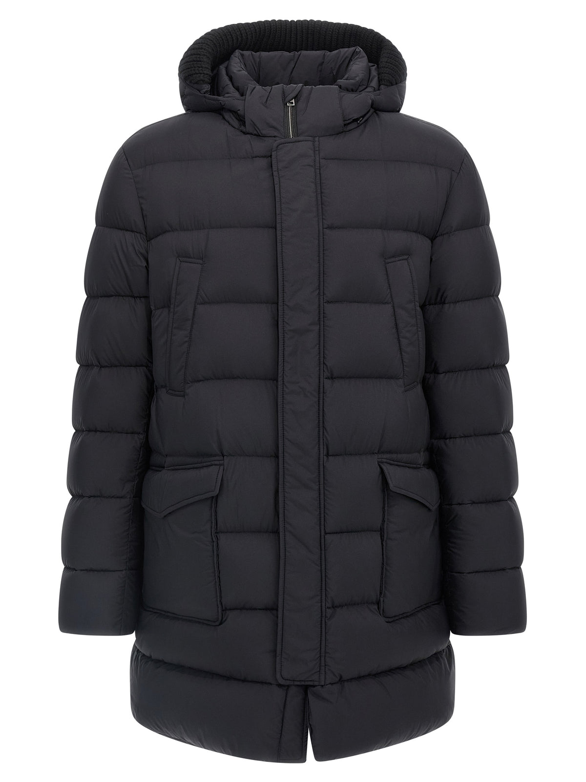 Hooded Parka by Herno for men in nylon & goose-down black presents a decadent silhouette, showcasing the decadent hooded neckline and functional water-resistant, hooded & insulated for a premium, weather-ready look.