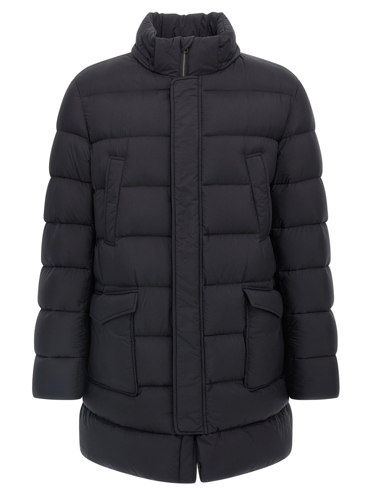 This Hooded Parka by Herno for men in nylon & goose-down black presents a utilitarian silhouette, meticulously detailed with water-resistant, hooded & insulated and a utilitarian hooded neckline for a sophisticated, weather-ready look.