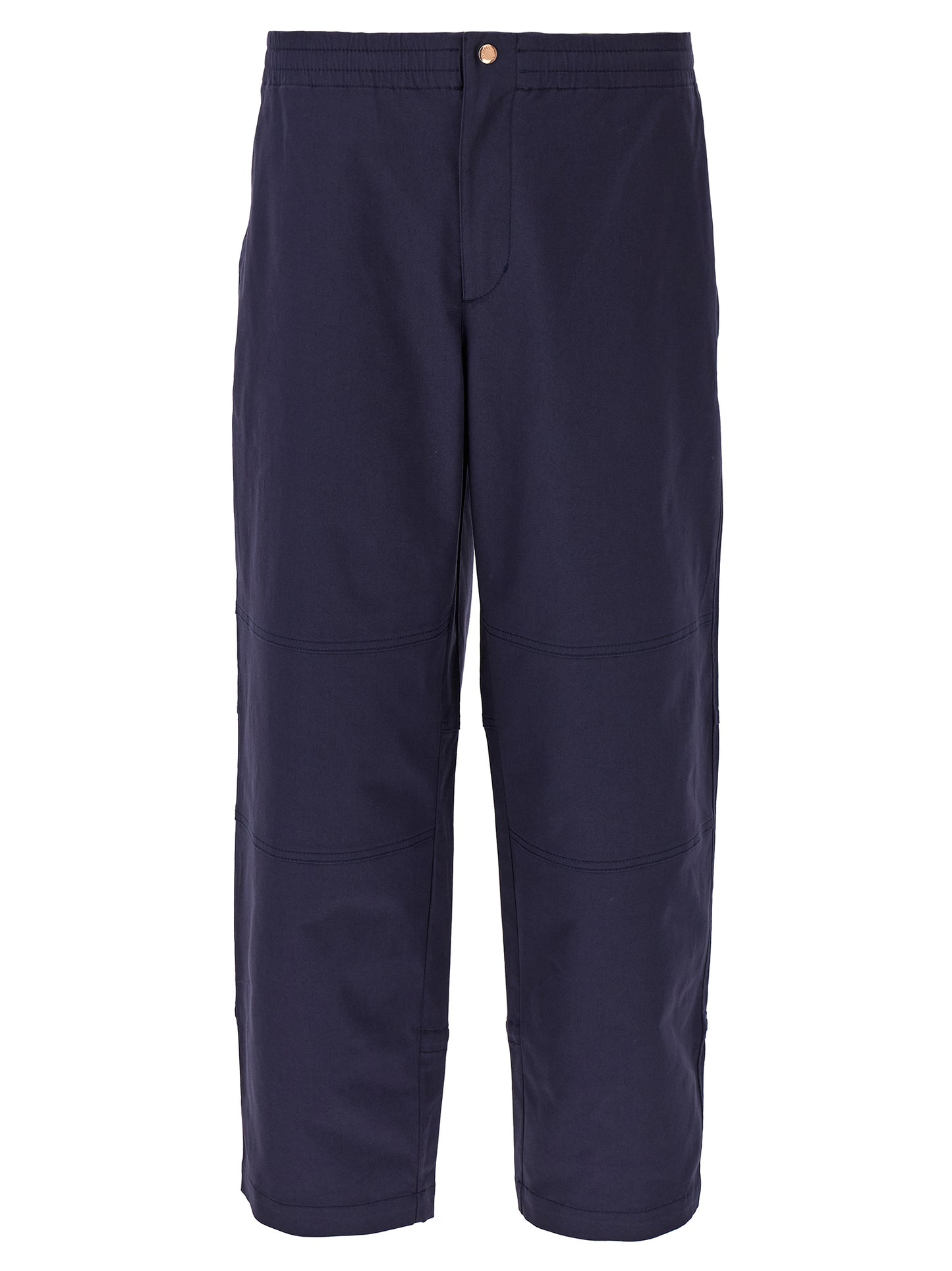 Trousers by MONCLER GENIUS for men in stretch cotton blue features a sculptural silhouette, showcasing a sculptural straight-leg & wide and long with a sophisticated for a sculptural finish.