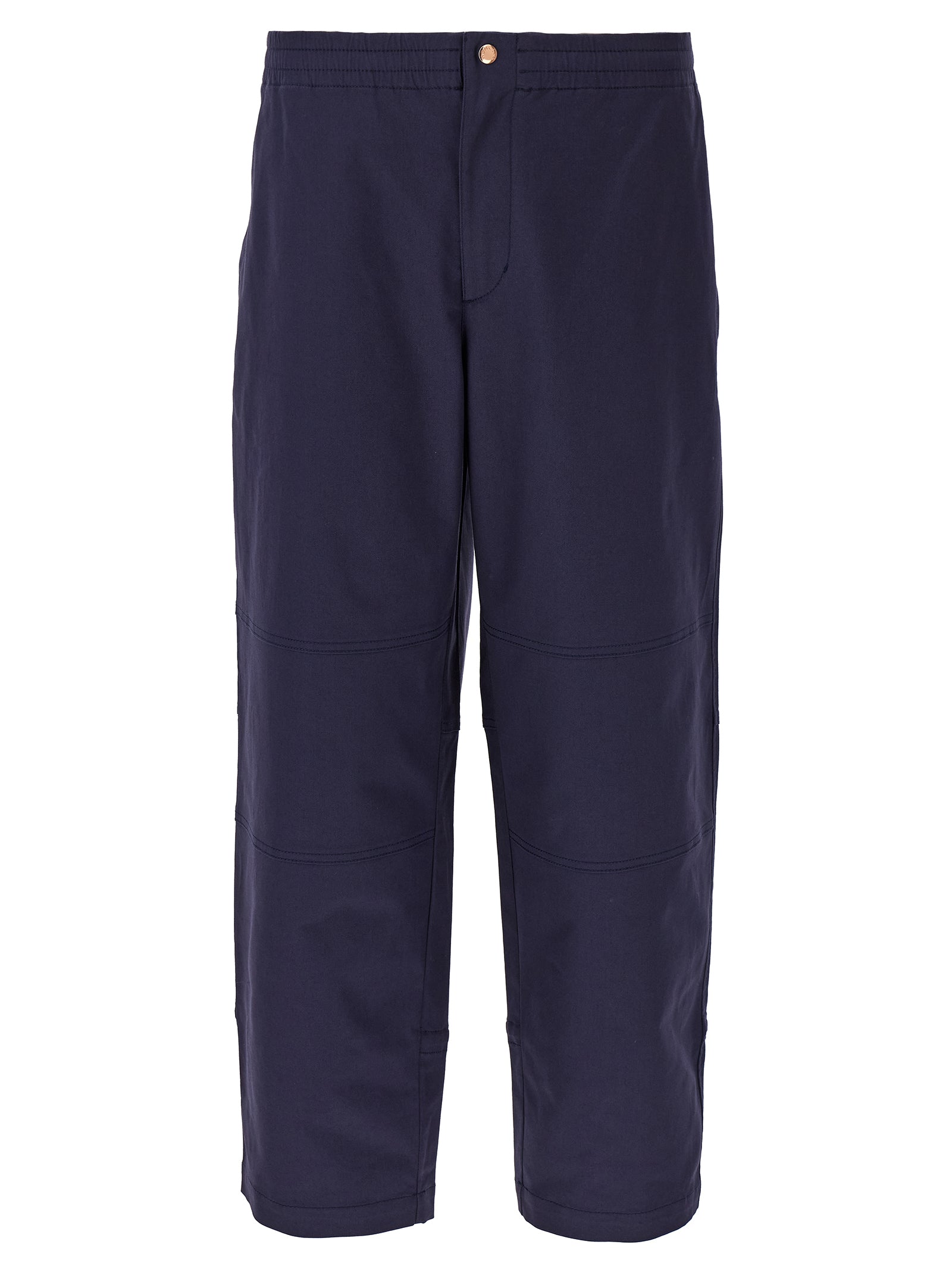 Trousers by MONCLER GENIUS for men in stretch cotton blue features a sculptural silhouette, showcasing a sculptural straight-leg & wide and long with a sophisticated for a sculptural finish.