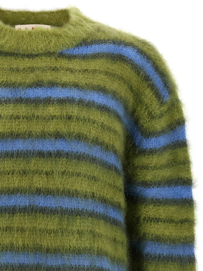 Cardigan by Marni for men in polyester & mohair multicolor, patterned & striped presents a textural silhouette, artfully finished with a textural crew neckline and for a sophisticated, textural look.
