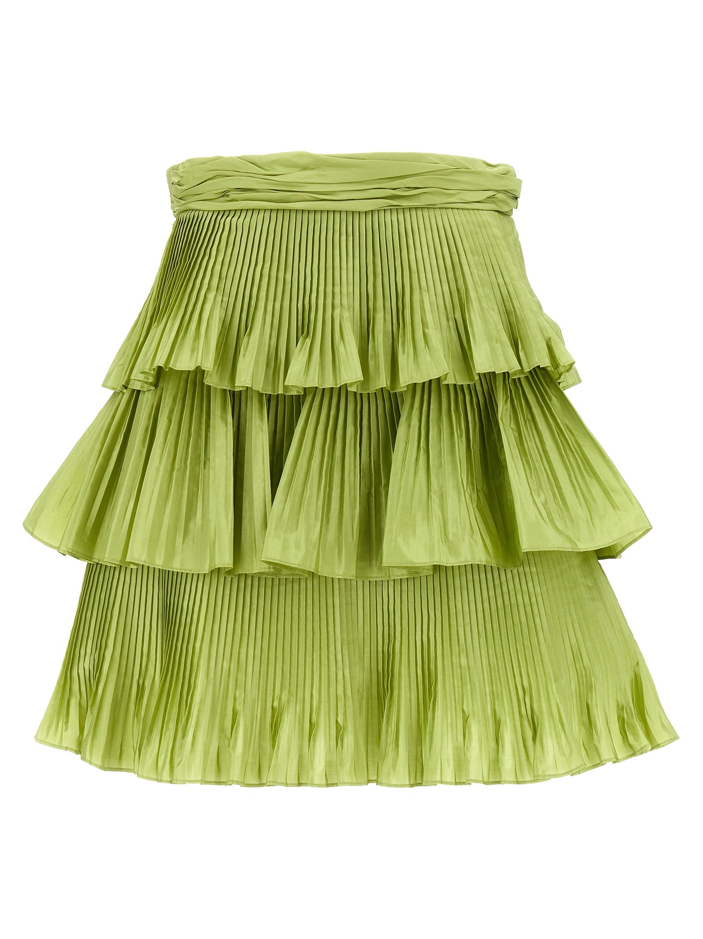 Skirt by Valentino Garavani for women in silk bicolour & green features a sublime silhouette, showcasing the sublime design of the Grace Women's Pleated Silk Mini Long Skirt in a sophisticated mini long.