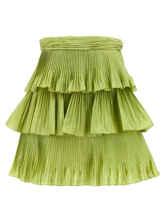 Skirt by Valentino Garavani for women in silk bicolour & green features a sublime silhouette, showcasing the sublime design of the Grace Women's Pleated Silk Mini Long Skirt in a sophisticated mini long.