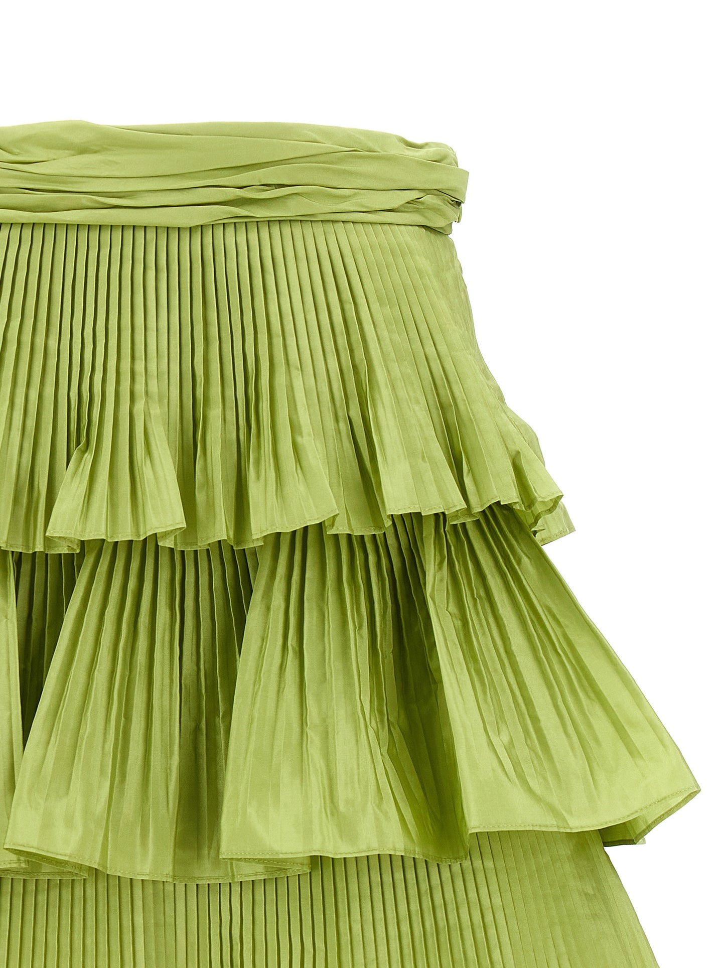 Skirt by Valentino Garavani for women in silk bicolour & green features a captivating silhouette, showcasing the captivating Grace Women's Pleated Silk Mini Long Skirt design with a sophisticated mini long for a captivating look.