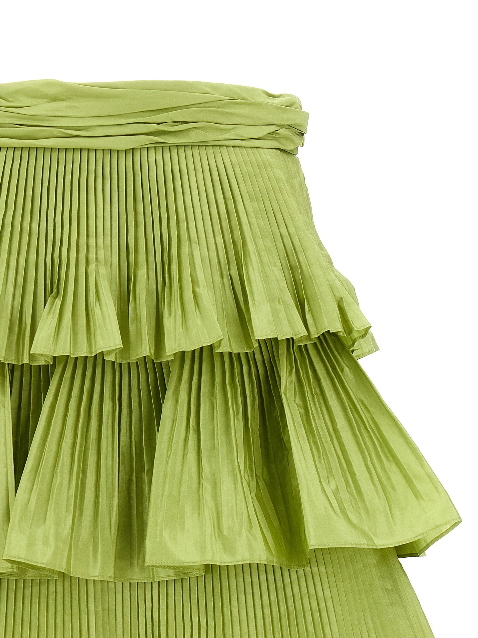 Skirt by Valentino Garavani for women in silk bicolour & green features a captivating silhouette, showcasing the captivating Grace Women's Pleated Silk Mini Long Skirt design with a sophisticated mini long for a captivating look.