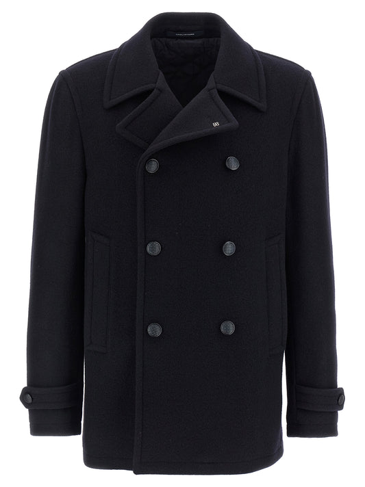 Overcoat by Tagliatore for men in cotton & nylon blue showcases a enveloping silhouette, detailed with distinctive pockets and a enveloping .