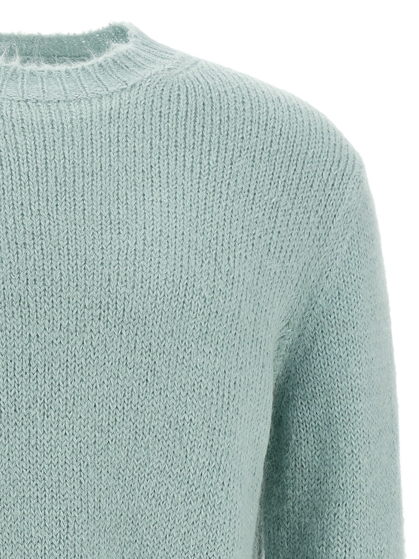 Cardigan by Jil Sander for men in polyamide leather & alpaca wool light-blue features a dramatic silhouette, showcasing a sophisticated crew neckline and dramatic detail for a timeless, premium look.