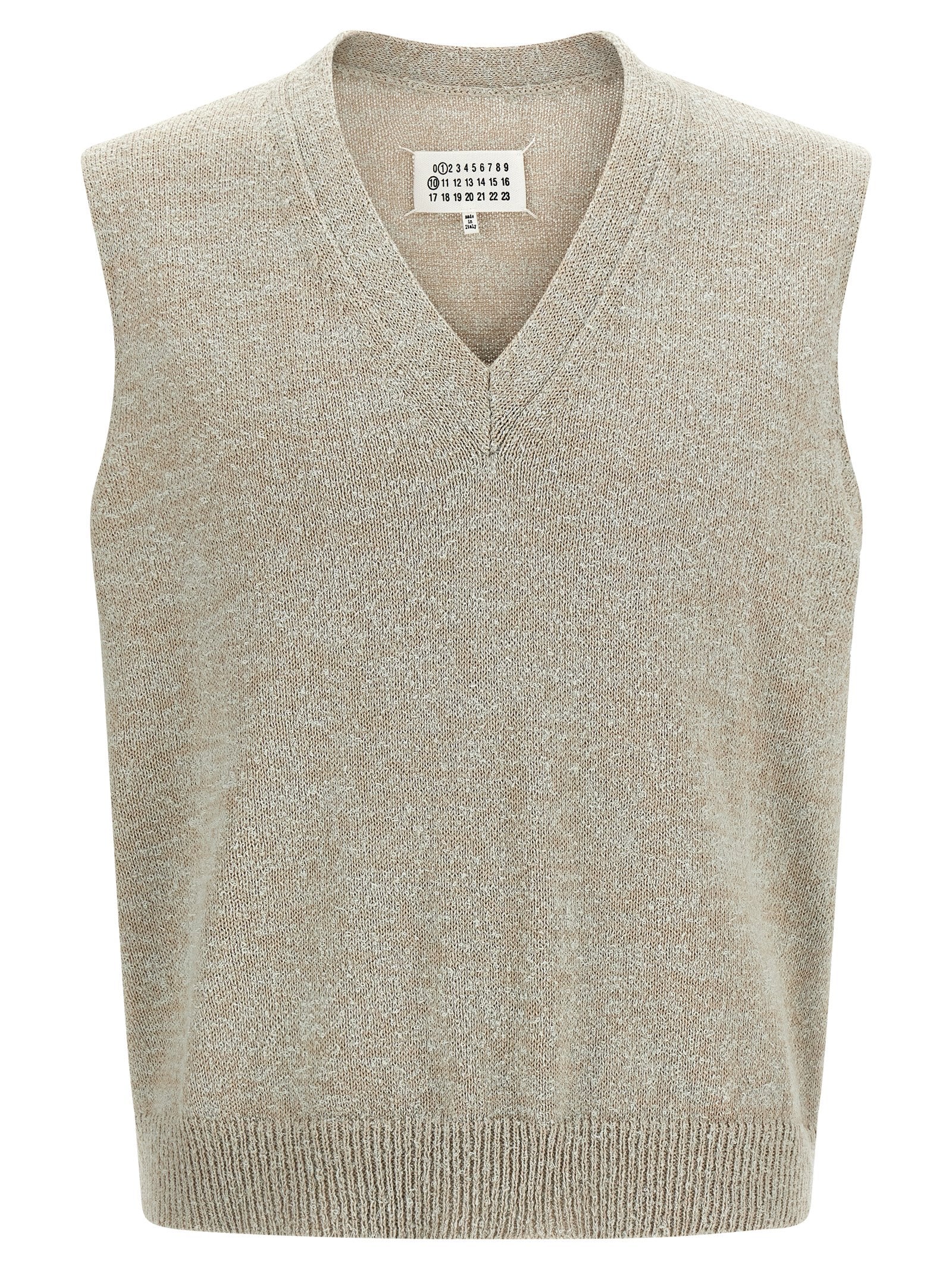 Sweater by Maison Margiela for men in polyamide & cotton beige & signature showcases a sumptuous silhouette, artfully finished with a sumptuous v-neck neckline and sleeveless for a sophisticated, sumptuous look.