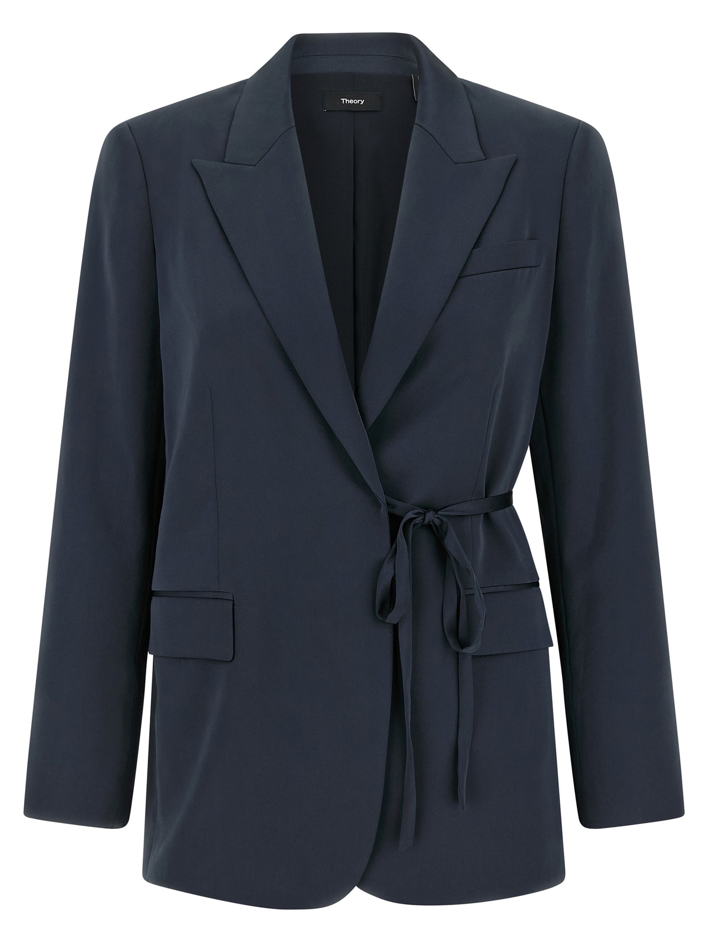 This Blazer by Theory for women in polyester twill blue presents a tailored silhouette, meticulously tailored with a tailored and distinctive for a tailored finish.