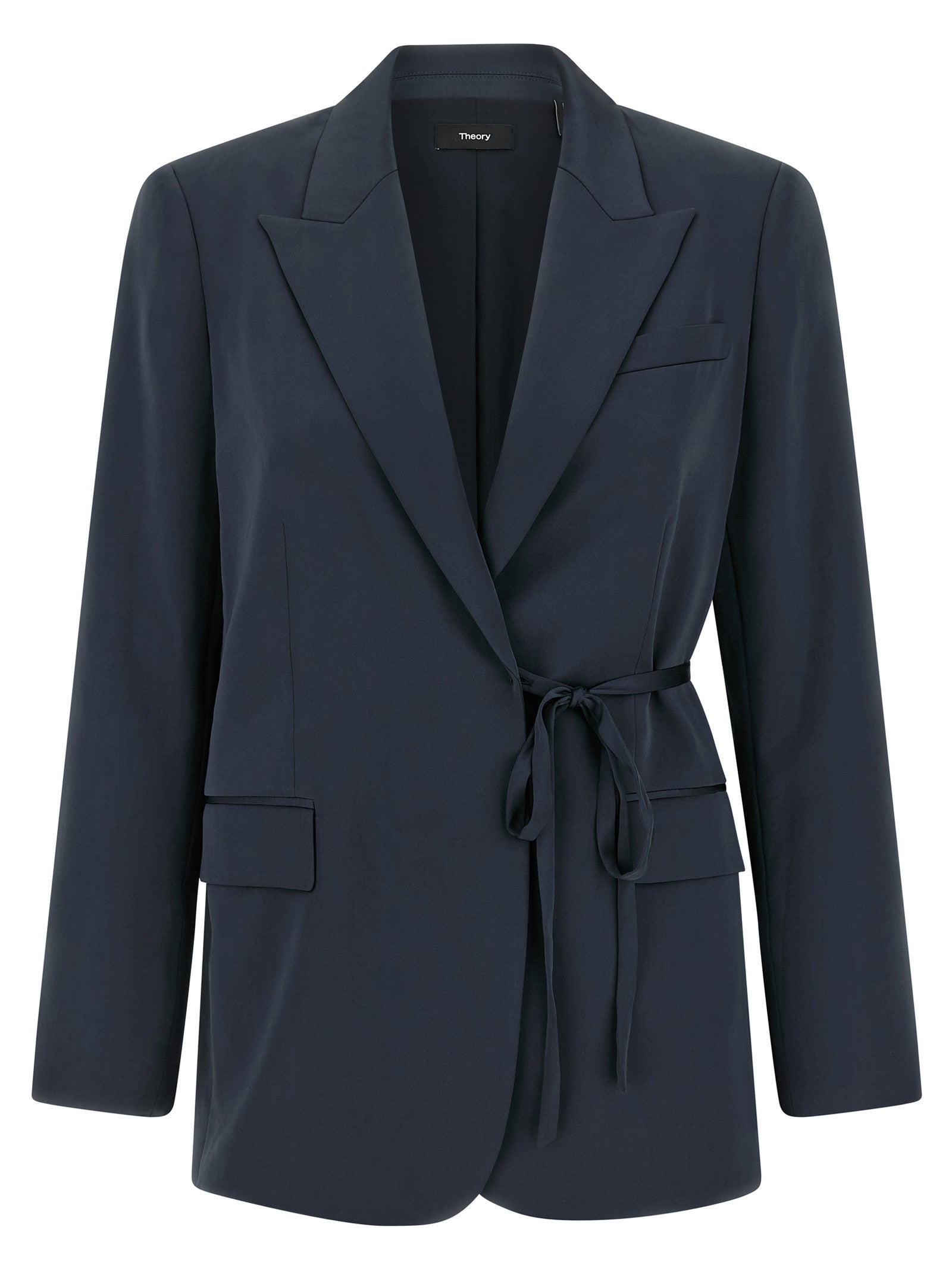 This Blazer by Theory for women in polyester twill blue presents a tailored silhouette, meticulously tailored with a tailored and distinctive for a tailored finish.