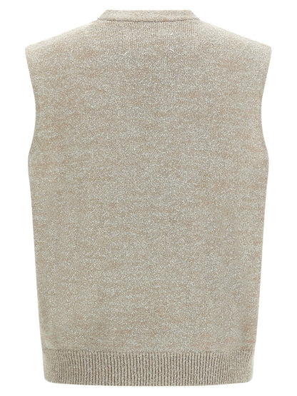 Sweater by Maison Margiela for men in polyamide & cotton beige & signature features an tactile silhouette, showcasing a sophisticated v-neck neckline and tactile for a refined finish.