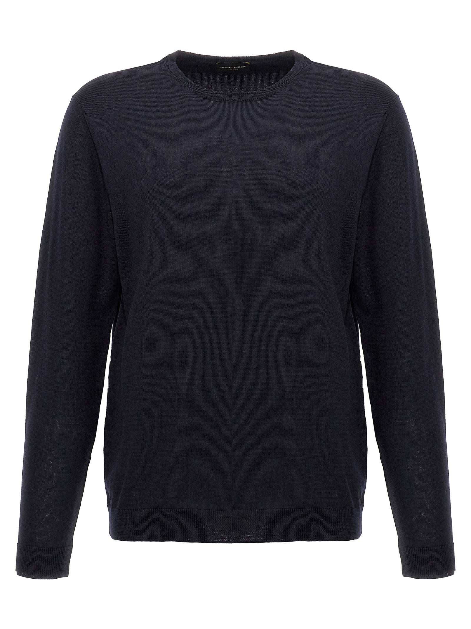 Cardigan by Roberto Collina for men in merino wool blue showcases a captivating silhouette, artfully detailed with a captivating and crew neckline for a truly sophisticated captivating look.