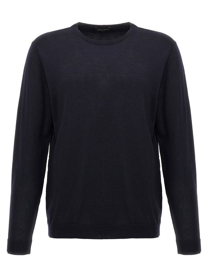 Cardigan by Roberto Collina for men in merino wool blue showcases a captivating silhouette, artfully detailed with a captivating and crew neckline for a truly sophisticated captivating look.