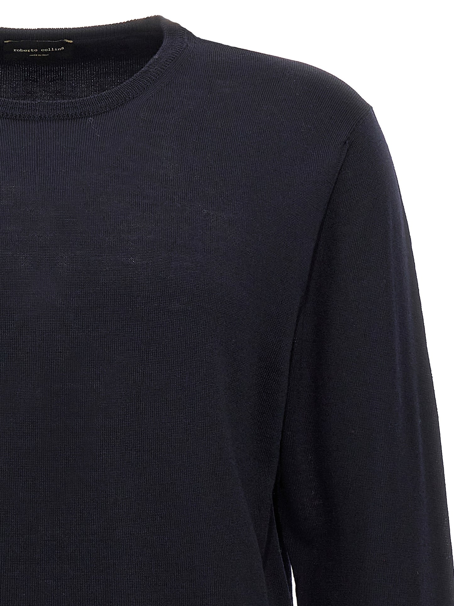 Cardigan by Roberto Collina for men in merino wool blue features a dramatic silhouette, showcasing a sophisticated crew neckline and dramatic detail for a timeless, premium look.
