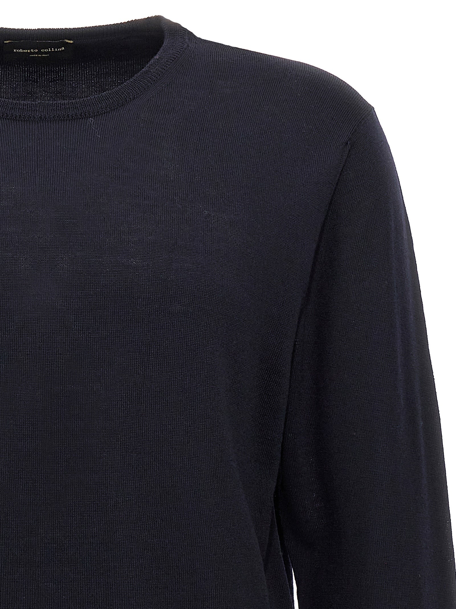 Cardigan by Roberto Collina for men in merino wool blue features a dramatic silhouette, showcasing a sophisticated crew neckline and dramatic detail for a timeless, premium look.