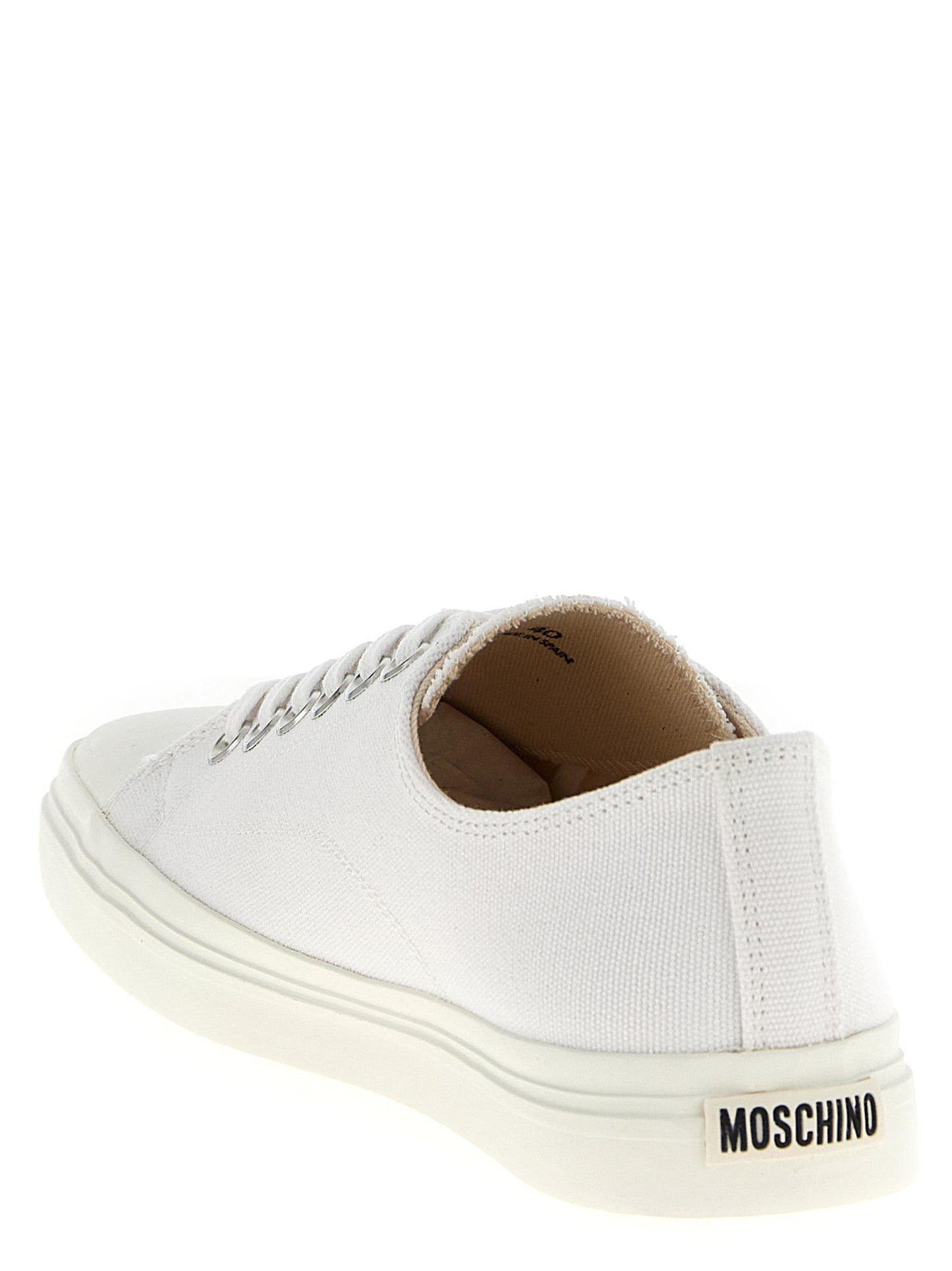 Sneakers by Moschino for men in cotton & rubber white features a chic design, perfectly showcasing the chic low-top style of this Men's Low Top Cotton & Rubber Sneakers.