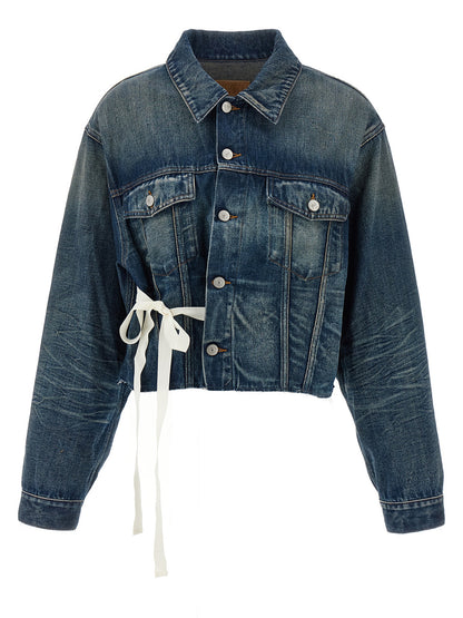Trucker Jacket by MM6 Maison Margiela for women in denim cotton blue features an on trend silhouette, showcasing refined pockets and a sophisticated asymmetric shirt-collar neckline for a truly on trend finish.