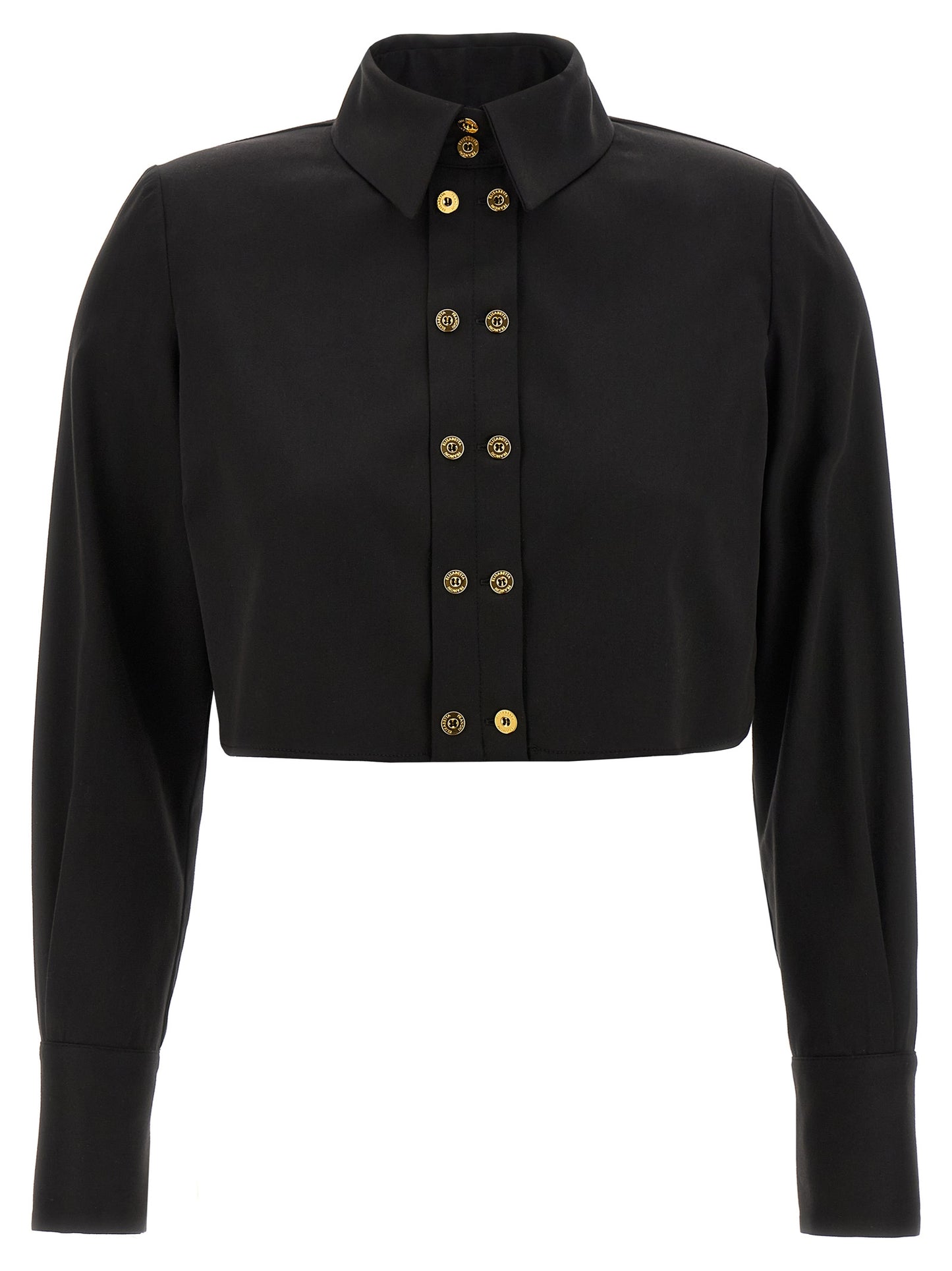 Blouse by Elisabetta Franchi for women in cotton satin black features an architectural silhouette with a refined and elegant for a architectural look.