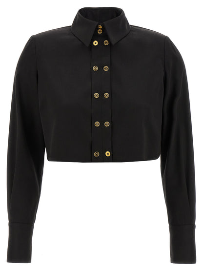 Blouse by Elisabetta Franchi for women in cotton satin black features an architectural silhouette with a refined and elegant for a architectural look.