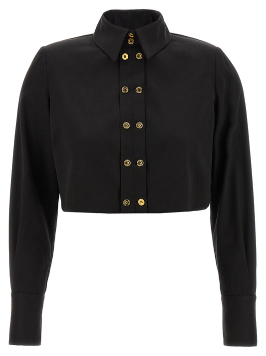 Blouse by Elisabetta Franchi for women in cotton satin black features an architectural silhouette with a refined and elegant for a architectural look.