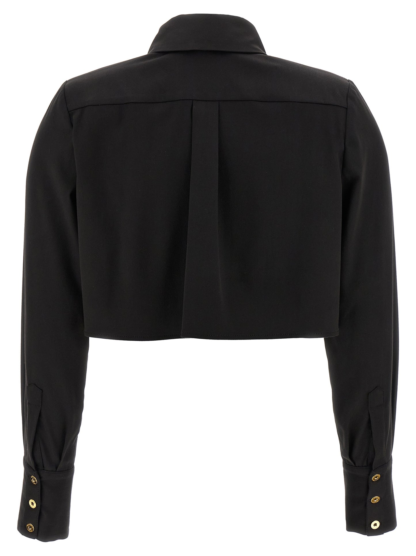 Blouse by Elisabetta Franchi for women in cotton satin black showcases a sharp silhouette, elegantly detailed with a sharp and sharp .