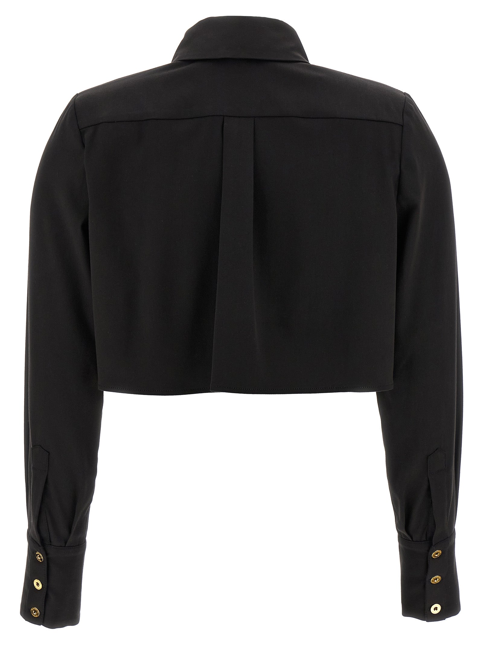 Blouse by Elisabetta Franchi for women in cotton satin black showcases a sharp silhouette, elegantly detailed with a sharp and sharp .