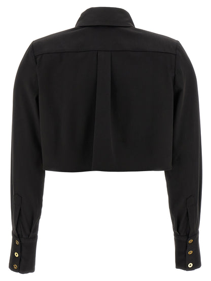 Blouse by Elisabetta Franchi for women in cotton satin black showcases a sharp silhouette, elegantly detailed with a sharp and sharp .