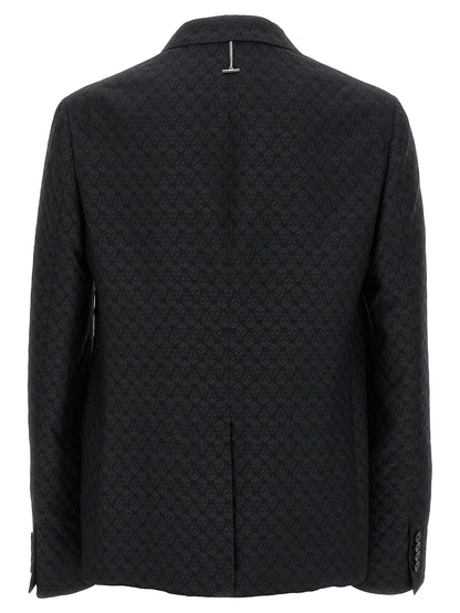 Blazer by Alexander McQueen for men in polyester & viscose black, patterned & jacquard showcases a polished silhouette, highlighted by a refined and polished for a sophisticated finish.
