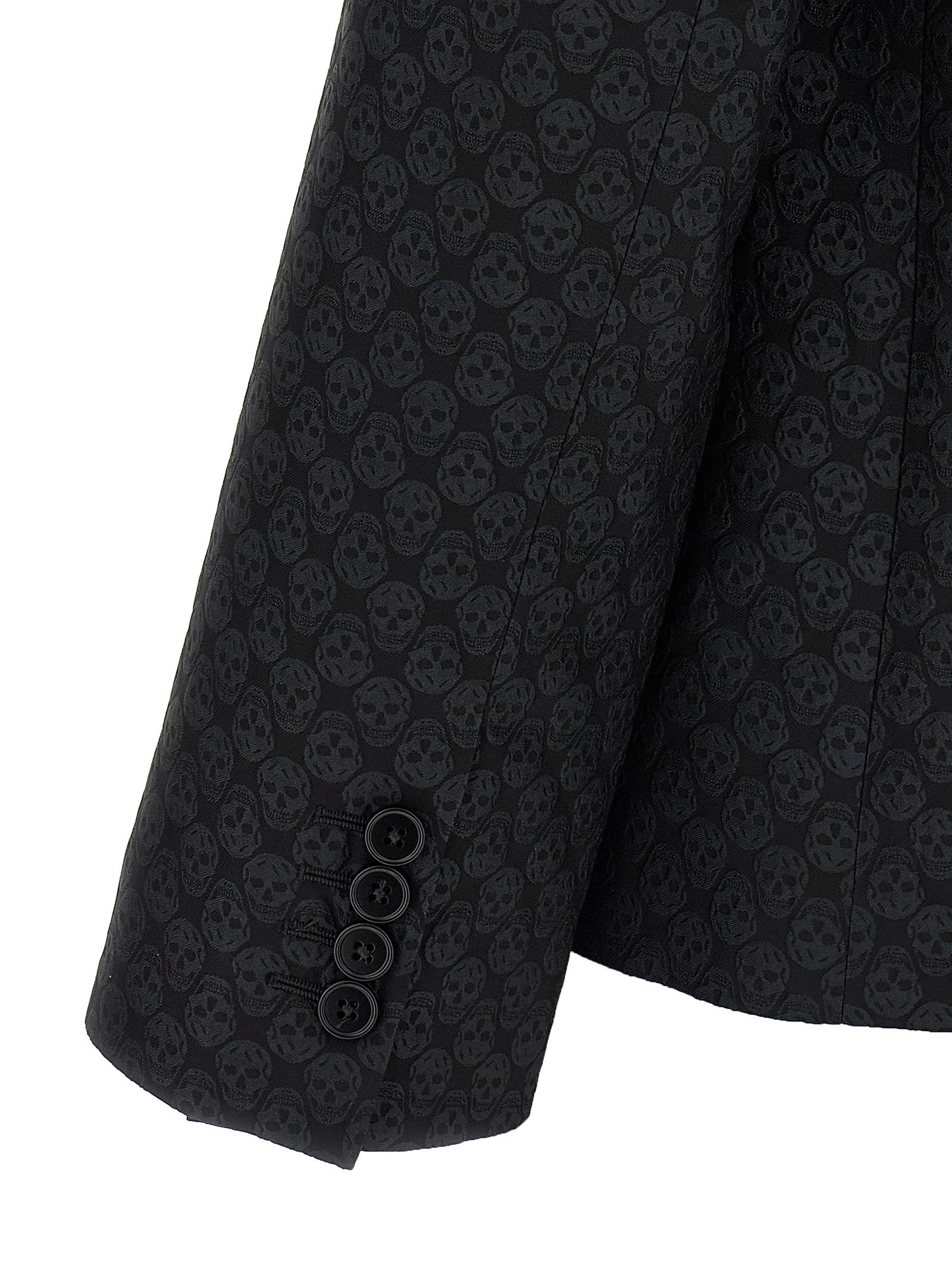 Blazer by Alexander McQueen for men in polyester & viscose black, patterned & jacquard showcases a polished silhouette, highlighted by a refined and polished for a sophisticated finish.