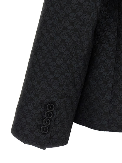 Blazer by Alexander McQueen for men in polyester & viscose black, patterned & jacquard showcases a polished silhouette, highlighted by a refined and polished for a sophisticated finish.