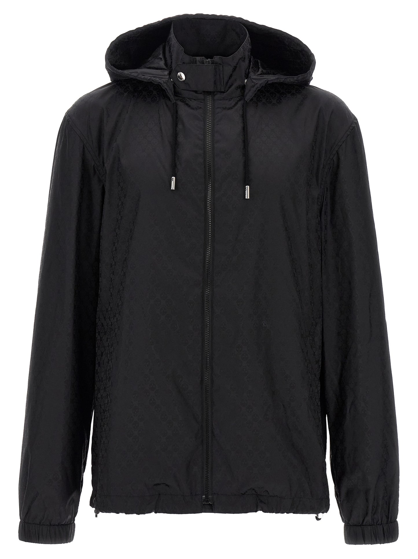 Hooded Windbreaker Jacket by Alexander McQueen for men in nylon black, patterned & jacquard features an stylish silhouette, showcasing a sophisticated hooded high-neck neckline and performance-driven pockets, hooded & windproof for a premium, stylish look.