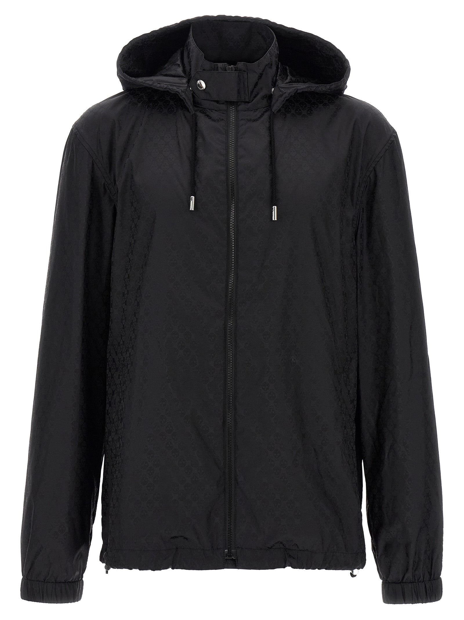 Hooded Windbreaker Jacket by Alexander McQueen for men in nylon black, patterned & jacquard features an stylish silhouette, showcasing a sophisticated hooded high-neck neckline and performance-driven pockets, hooded & windproof for a premium, stylish look.