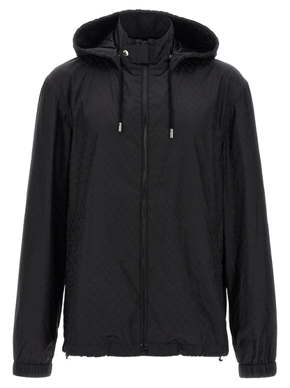 Hooded Windbreaker Jacket by Alexander McQueen for men in nylon black, patterned & jacquard features an stylish silhouette, showcasing a sophisticated hooded high-neck neckline and performance-driven pockets, hooded & windproof for a premium, stylish look.