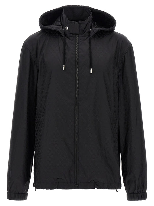 Hooded Windbreaker Jacket by Alexander McQueen for men in nylon black, patterned & jacquard features an stylish silhouette, showcasing a sophisticated hooded high-neck neckline and performance-driven pockets, hooded & windproof for a premium, stylish look.