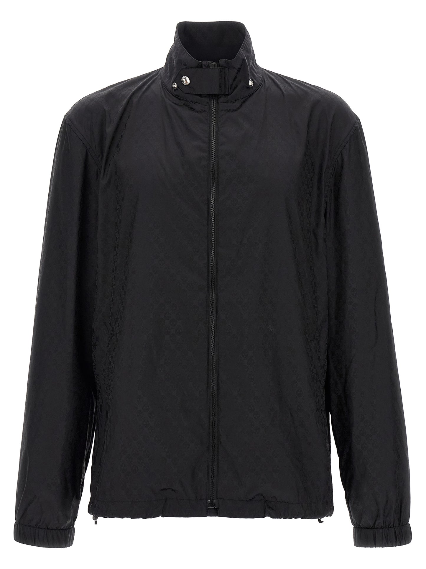 Hooded Windbreaker Jacket by Alexander McQueen for men in nylon black, patterned & jacquard features an perennial silhouette with a refined hooded high-neck neckline and perennial pockets, hooded & windproof for a sophisticated weather-resistant look.