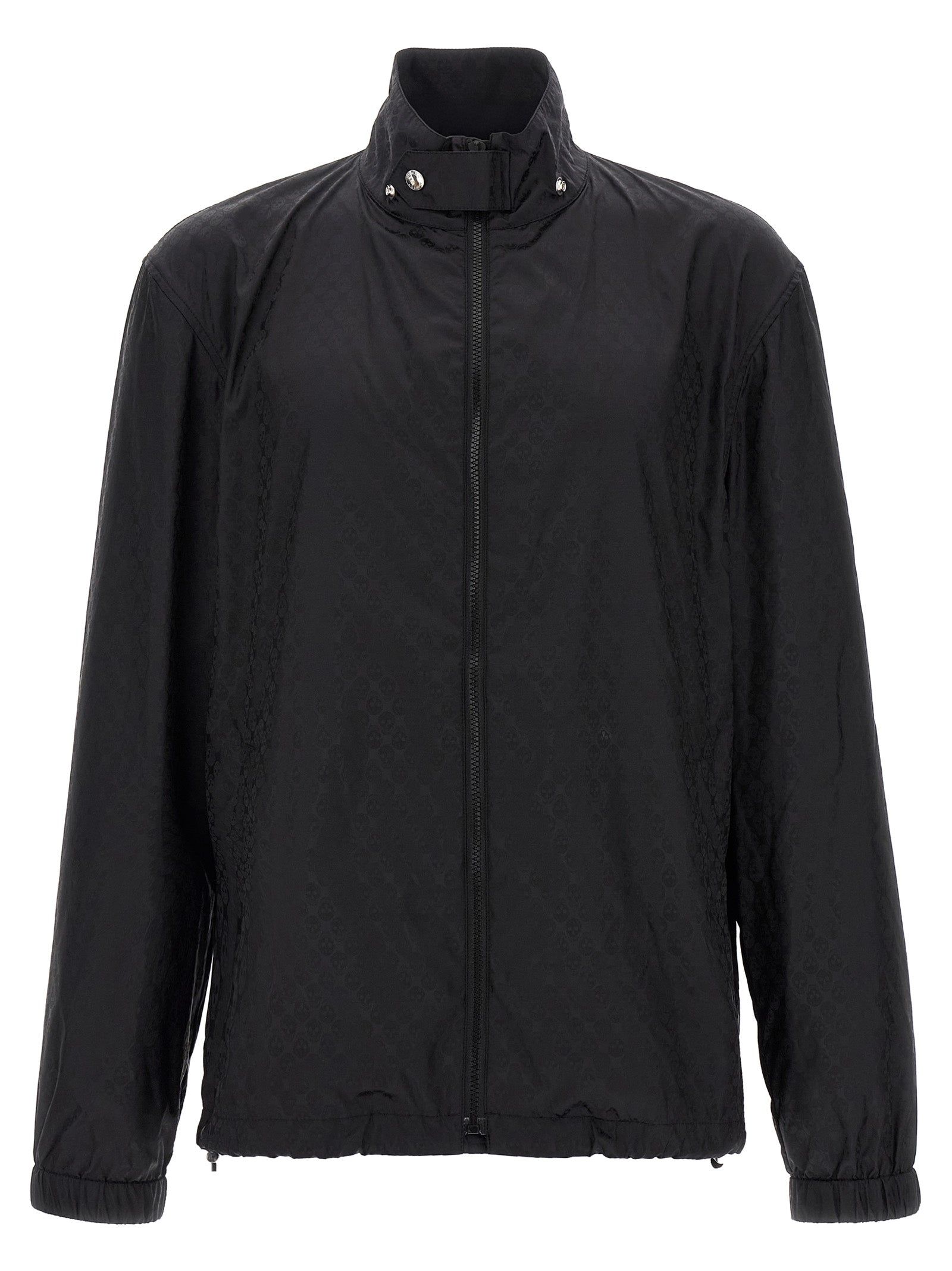 Hooded Windbreaker Jacket by Alexander McQueen for men in nylon black, patterned & jacquard features an perennial silhouette with a refined hooded high-neck neckline and perennial pockets, hooded & windproof for a sophisticated weather-resistant look.