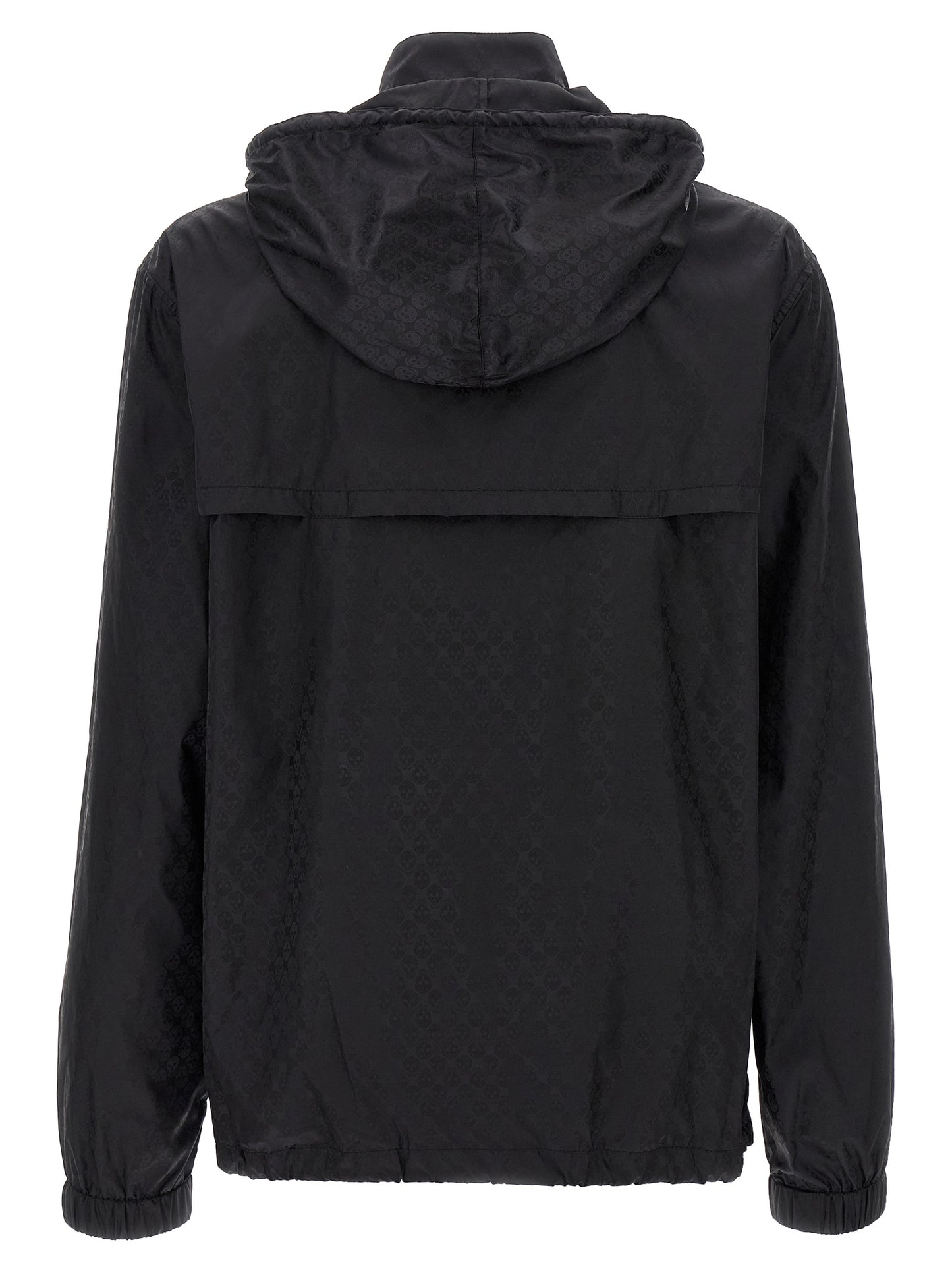 Hooded Windbreaker Jacket by Alexander McQueen for men in nylon black, patterned & jacquard presents a resilient silhouette, artfully detailed with a sophisticated hooded high-neck neckline and functional pockets, hooded & windproof for a resilient finish.