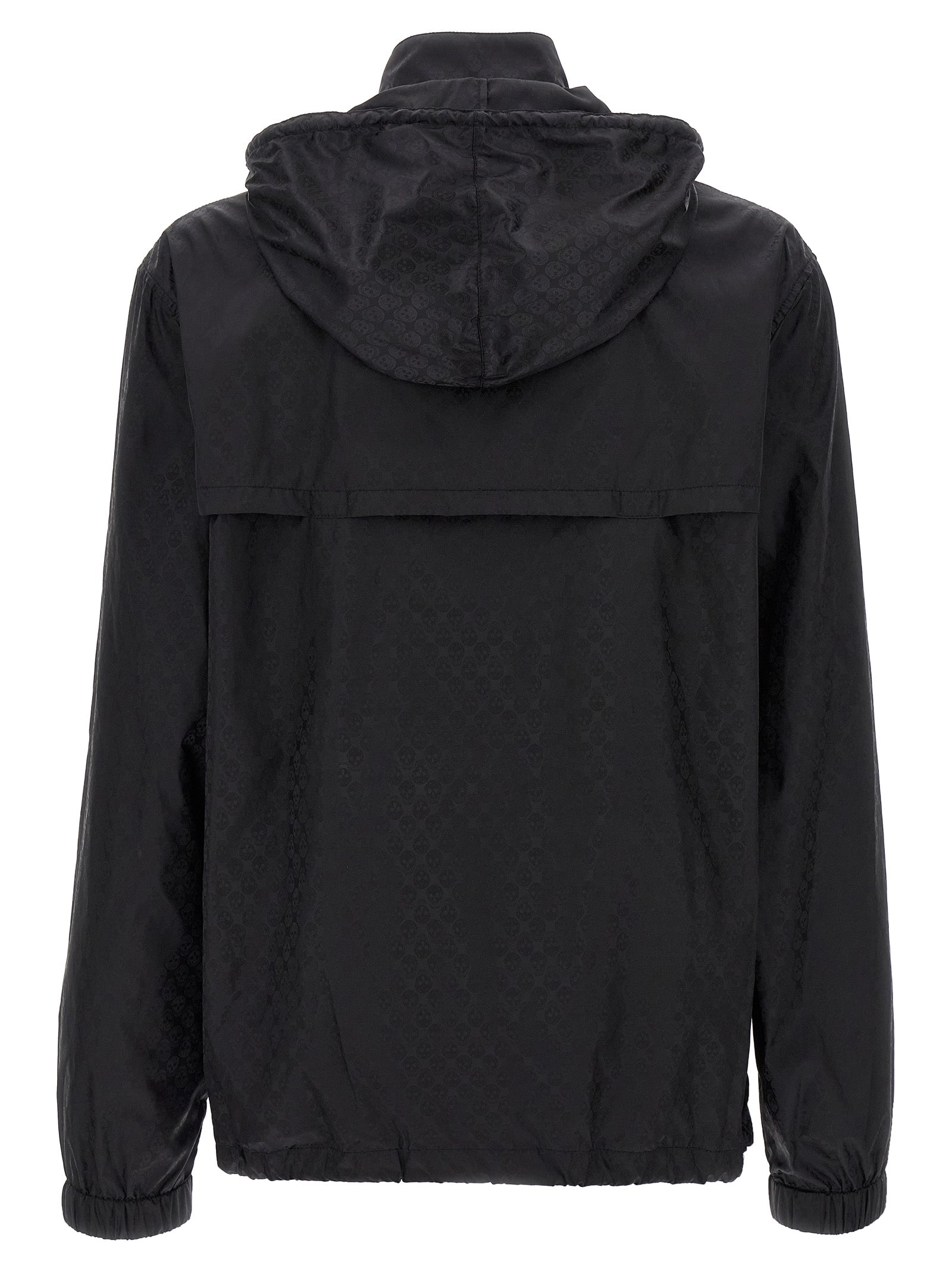 Hooded Windbreaker Jacket by Alexander McQueen for men in nylon black, patterned & jacquard presents a resilient silhouette, artfully detailed with a sophisticated hooded high-neck neckline and functional pockets, hooded & windproof for a resilient finish.