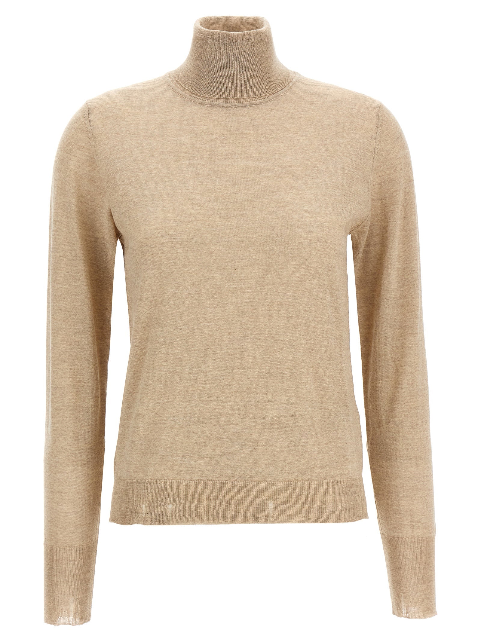 Cardigan by Golden Goose for women in virgin wool beige showcases a luxurious silhouette, meticulously detailed with a sophisticated turtle neckline and for a refined finish.
