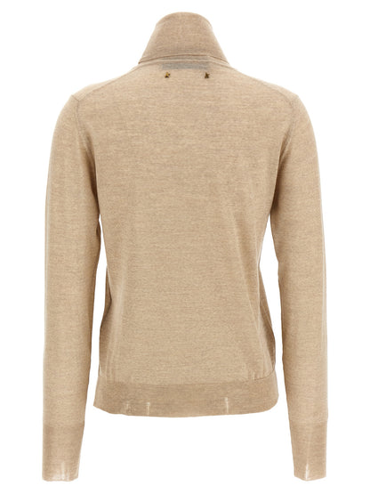 Cardigan by Golden Goose for women in virgin wool beige features an crisp silhouette, showcasing a sophisticated turtle neckline and detail for a truly crisp finish.