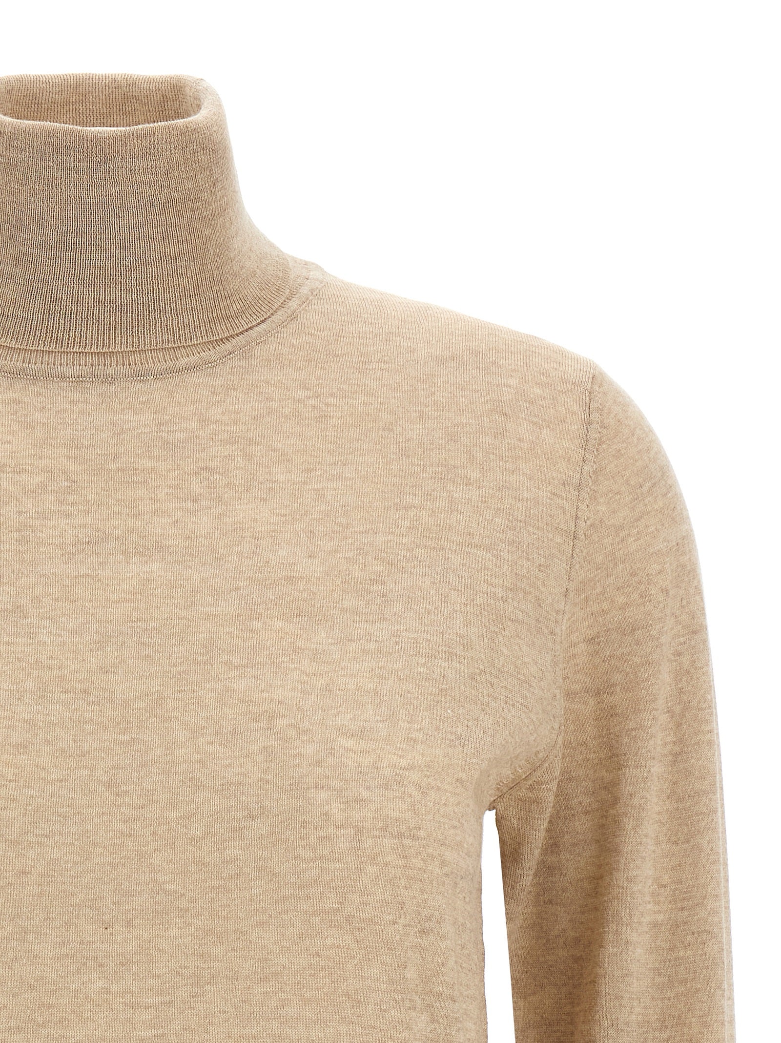 Cardigan by Golden Goose for women in virgin wool beige features a dramatic silhouette, showcasing a sophisticated turtle neckline and dramatic detail for a timeless, premium look.